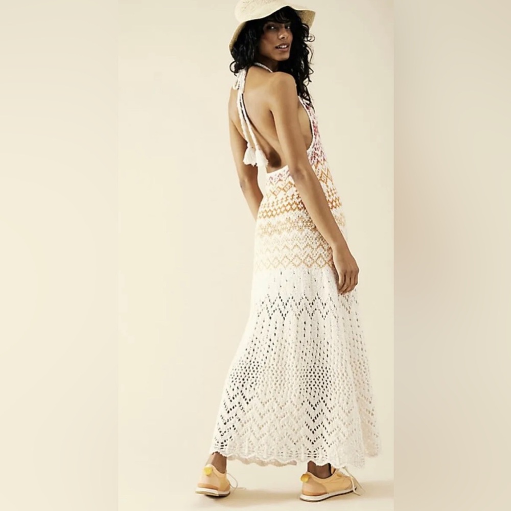 NWOT Free People Ikat Oasis Maxi Dress Halter Crochet Print Knit Backless Ivory - Picture 1 of 12